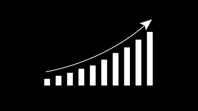 White bar graph with upward trending arrow on black background. Bar graph bar chart growth graphic. Professional bar graph for corporate sales increase and digital financial analytics.