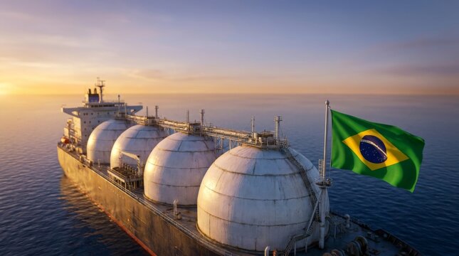 Brazilian flagged lng tanker ship with spherical cargo tanks sailing on ocean at sunset. Maritime transportation of liquefied natural gas across international