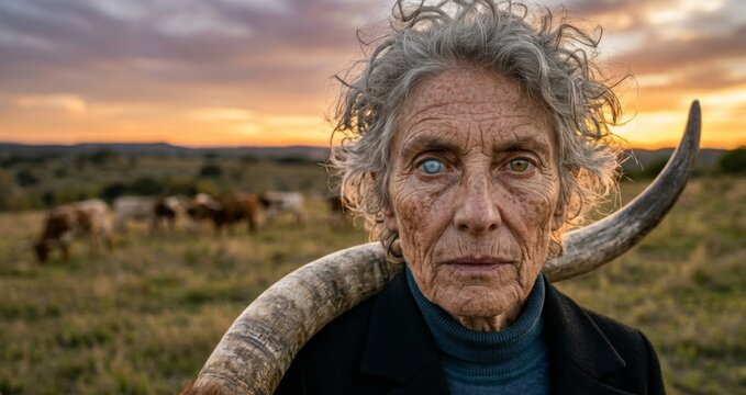 Elderly woman holding cattle horn over shoulder in savanna at sunset. Portrait of indigenous african elder with gray curly hair and heterochromia