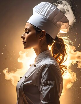 Female chef in kitchen uniform standing.