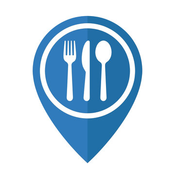 A blue location pin icon with a white outline and utensils inside