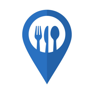 A blue location pin icon with a fork, knife, and spoon inside.
