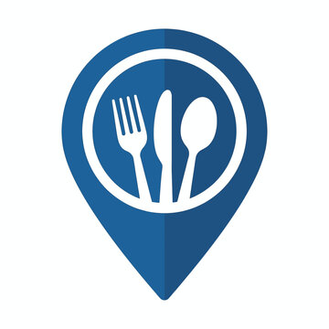 A blue location pin icon with a white fork, knife, and spoon inside a circle on a plate symbolizes food location marker.