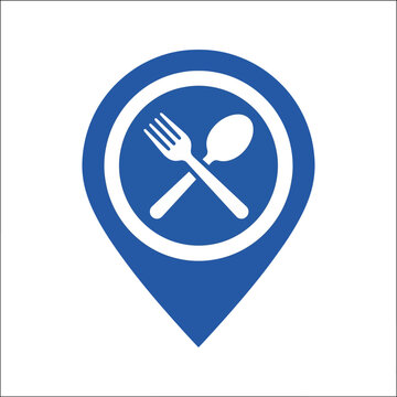 A blue location pin icon with a plate containing crossed silverware.
