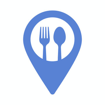 A blue location pin icon with a fork and spoon inside a circle