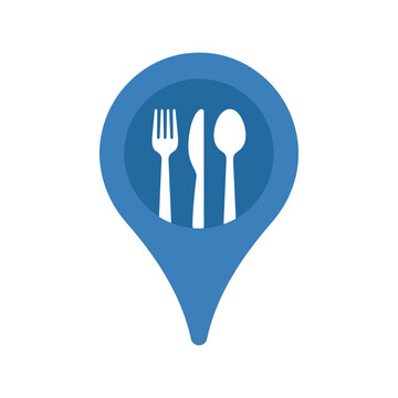 A blue location pin icon with a fork, knife, and spoon inside