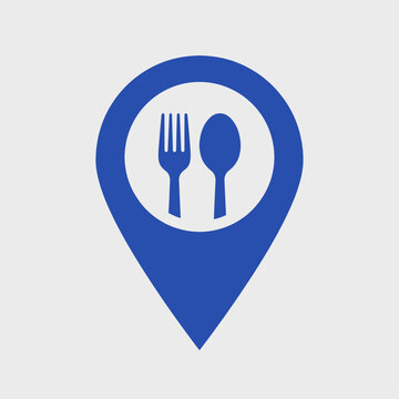 A blue location pin icon with a fork and spoon marking a food spot