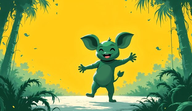 Happy Green Creature Dancing in Tropical Sunlit Jungle