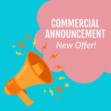 A vibrant advertisement illustration announces a new offer with a megaphone on a blue background