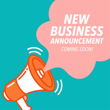 A megaphone announces a new business coming soon with a speech bubble.