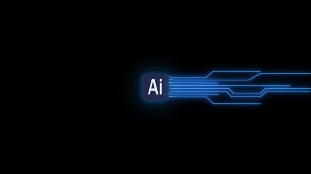 Glowing ai chip with blue circuitry on black background graphic. Ai chip artificial intelligence. Professional ai chip for digital neural network processing and modern technology visual.