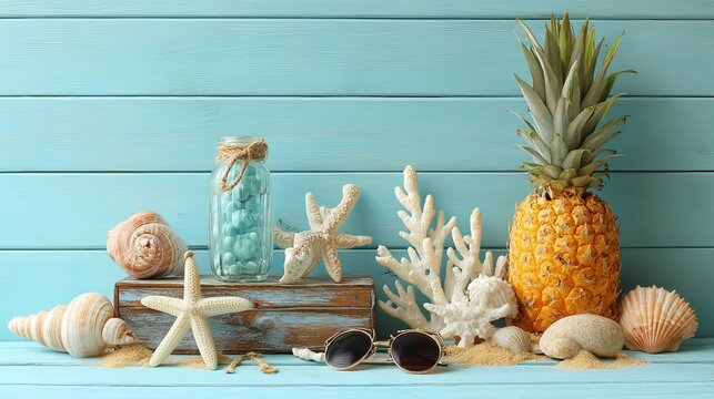 Ripe pineapple and beach sea life style objects over pastel mint blue wooden background, tropical summer vacation banner