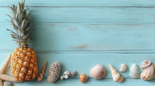 Ripe pineapple and beach sea life style objects over pastel mint blue wooden background, tropical summer vacation banner