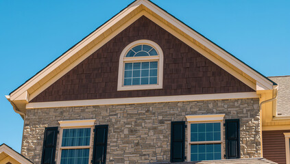 Obraz premium Architectural details of a modern house facade with stone and shingle siding