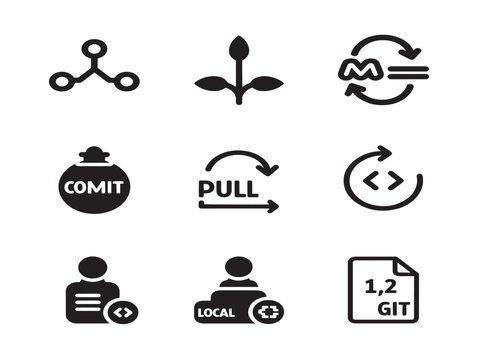 Vector git workflow icons with branch commit pull and sync symbols