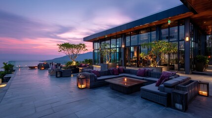 Fototapeta premium Luxury rooftop terrace at resort hotel in Phuket Thailand with infinity pool, tropical palm trees, ocean view, sunny day