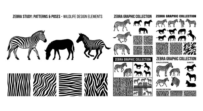 Zebra animal silhouettes and striped patterns collection for graphic design