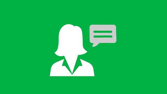 Businesswoman chat communication icon animation with speech bubble on green screen background