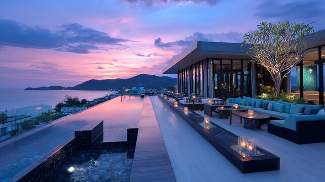 Luxury rooftop terrace at resort hotel in Phuket Thailand with infinity pool, tropical palm trees, ocean view, sunny day