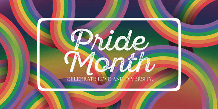 Happy pride month text in white frame abstract long rainbow lgbtq flag curve cross to cross vector design