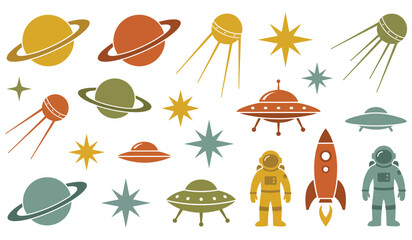 Vibrant Retro Space Exploration Icon Set with Planets, Stars, UFOs, Astronauts, and Rockets for Creative Outer Space Designs © Pronob Kumar Ray