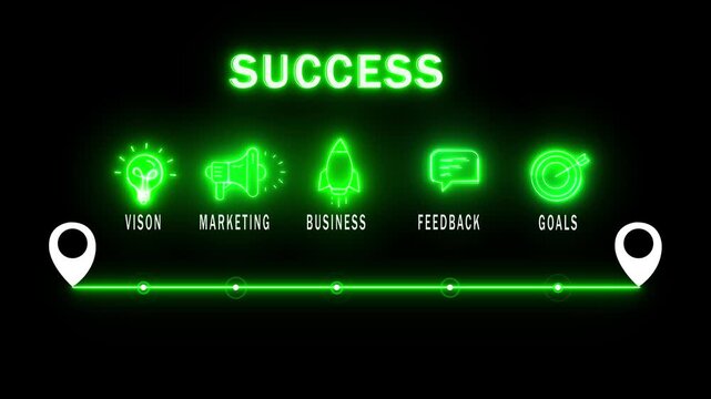 Success neon icons with time line and location marker on black. Neon icons achievement graphic element. Professional neon icons for digital business milestone and corporate goal tracking.