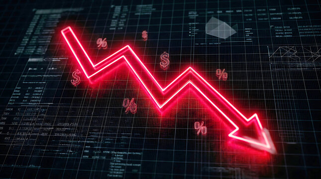 Red glowing zigzag down arrow on dark pixelated background
