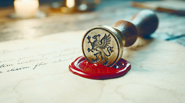 Antique gold signet ring with eagle emblem on red wax pad