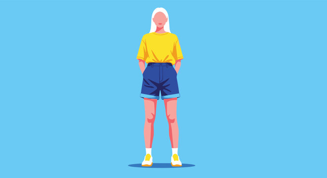 Full length flat character illustration of a young woman with long white hair wearing a bright yellow shirt and dark blue shorts.