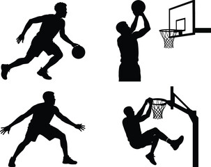 Basketball Player Silhouette Vector Set with Dribbling Shooting Defense and Dunk Action Poses © Sheikh