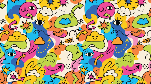 Vibrant Hand-Drawn Doodle Seamless Pattern with Playful Abstract Eyes, Whimsical Clouds, and Dynamic Arrows, Ideal for Contemporary Backgrounds and Creative Projects