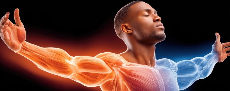 Human anatomy illustration showing muscular system and nervous connection with x-ray brain overlay