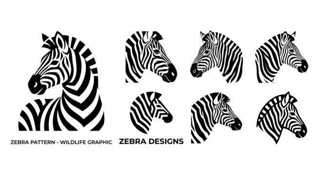 Set of black and white zebra head icons with striped patterns