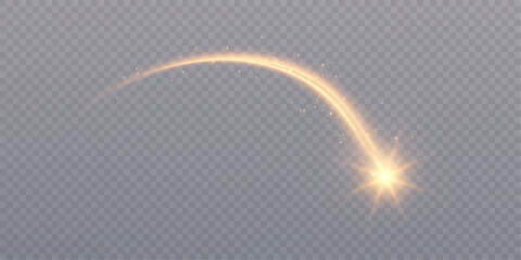 Magical light trail with soft golden glow and sparkling particles. Fantasy wand trace isolated on transparent background for fairy effects and enchanted designs. © MAKSYM