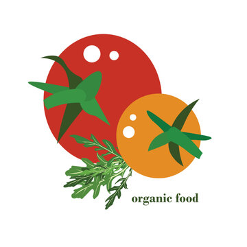 Organic food banner with tomatoes and arugula. Red and yellow fruits, green leaves design element healthy food, restaurant menu stook vector illustration for web, for print, for stickers