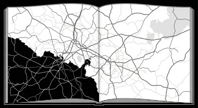 Open book displaying a complex transportation network map.