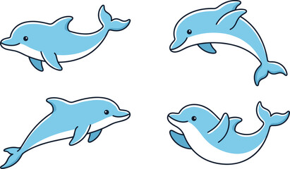 Fototapeta premium Four Cute Blue Dolphin Characters in Different Poses Cartoon Vector Illustration Set Isolated on White Background