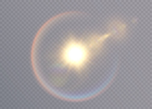 A bright solar flare with a rainbow halo and optical refraction. Vector sun effect isolated on a transparent background.