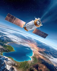 Fototapeta premium Ultra-realistic satellite orbiting Earth with extended solar panels over coastal landscape at night