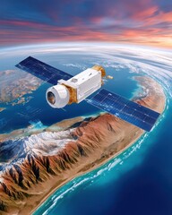 Fototapeta premium Satellite orbiting Earth with solar panels above coastal mountains at sunrise, space technology scene