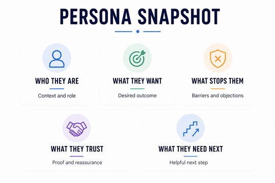 This image presents a persona snapshot framework for understanding user needs and challenges in product development.