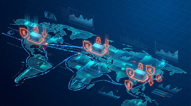 Global trade map cargo container tariff lock digital shield shipping route world map import duty export control international trade customs policy