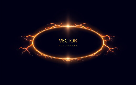 A glowing orange oval energy ring with electric sparks and bright lightning bolts on a dark background. A magical vector frame for fantasy effects.