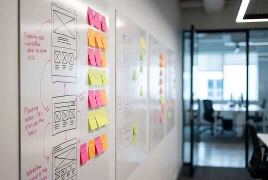 Wireframe sketches and sticky notes on whiteboards in modern office showing UX design process and planning sessions for new applications.
