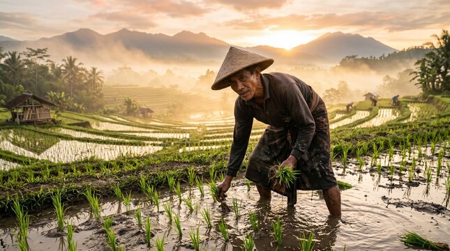 Ultra realistic Indonesian rice farmer working in green rice field during sunrise, authentic Southeast Asian rural life