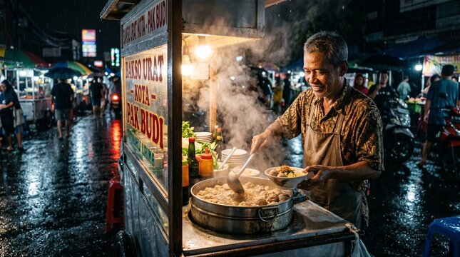 Ultra realistic Indonesian street food vendor selling bakso at night market, steam rising from hot soup, authentic local atmosphere