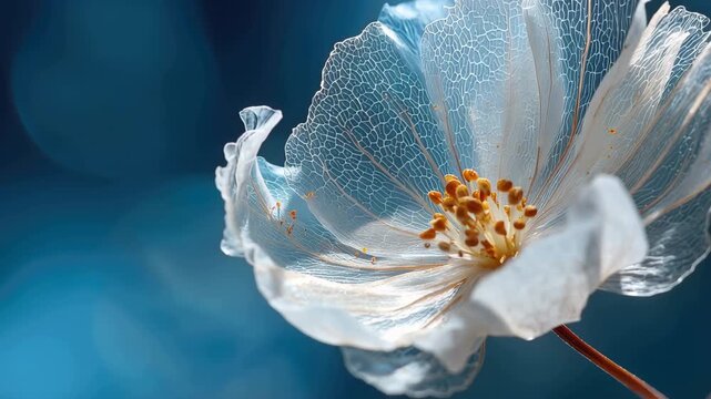 Flower stands on a thin stem with soft blue background during daylight hours