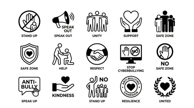 Anti Bullying Icons Representing Support Kindness and Unity.