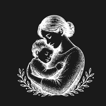 Monochrome Woodcut Illustration of a Mother Tenderly Embracing Her Baby, Symbolizing Maternal Love and Family Bonding