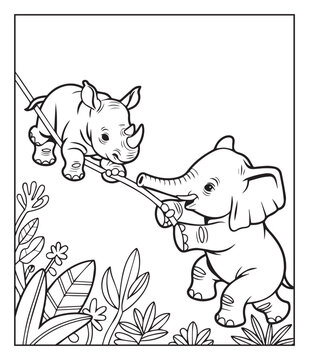 Jungle animal elephant and rhino making fun coloring page for kids, black line art vector illustration for children's activity book design fun and education
